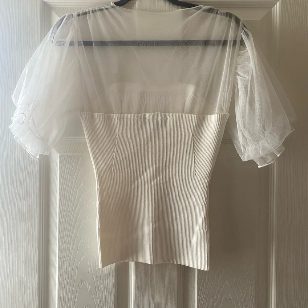 Endless Rose Ivory Ribbed Top with Sheer Puff Sleeves - Picture 2 of 3